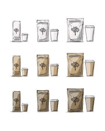 Bag packaging and take away coffee cups, sketch for your design. Vector illustrationのイラスト素材