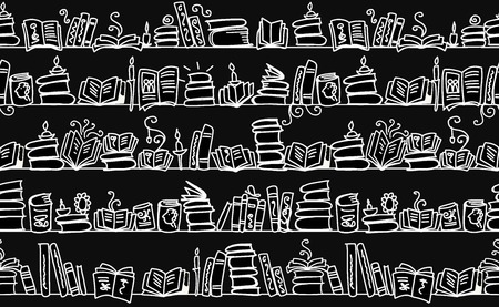 Seamless pattern with books on bookshelves, sketch for your design. Vector illustrationのイラスト素材