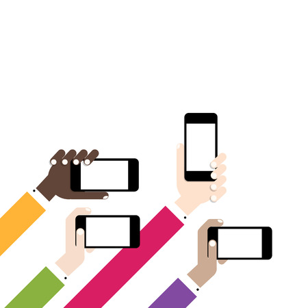 Hands hold smart phones, flat design. Vector Illustrationのイラスト素材