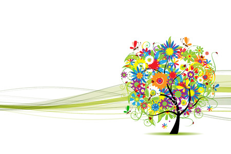 Green line banner with floral tree for your design. Vector illustrationのイラスト素材