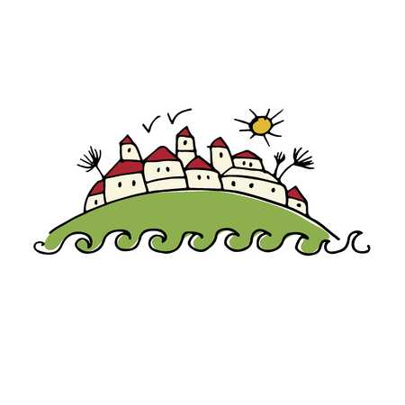 Tropical island with houses. Sketch for your design. Vector illustrationのイラスト素材