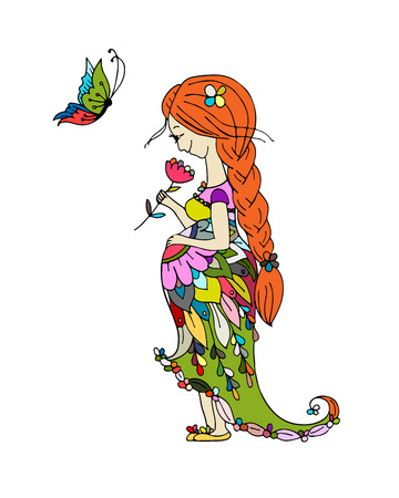 Beautiful pregnant woman with butterfly, sketch for your design. Vector illustrationのイラスト素材