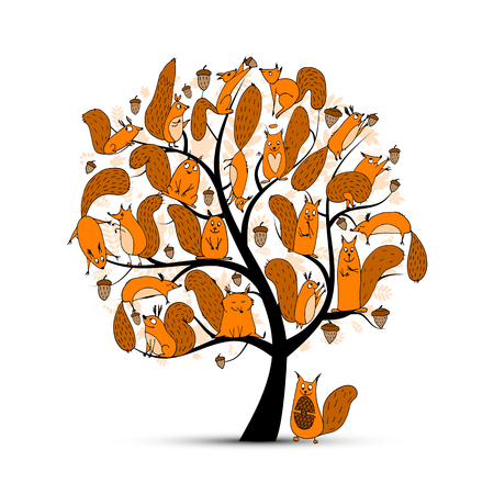 Funny squirrel family, art tree for your design. illustration