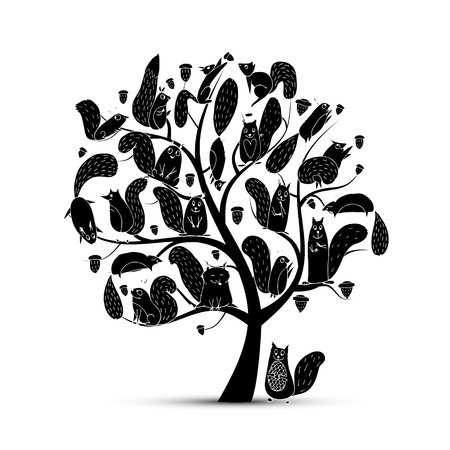 Funny squirrel family, art tree for your design. illustrationのイラスト素材