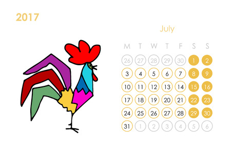 Rooster calendar 2017 for your design. July month. illustrationのイラスト素材