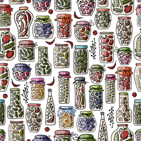 Seamless pattern with pickle jars fruits and vegetables. illustrationのイラスト素材