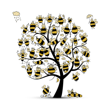 Art tree with family bees, sketch for your design. Vector illustrationのイラスト素材