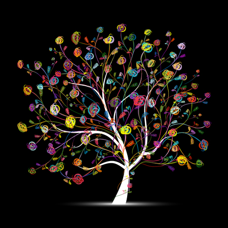 Floral tree colorful on black for your design. Vector illustrationのイラスト素材