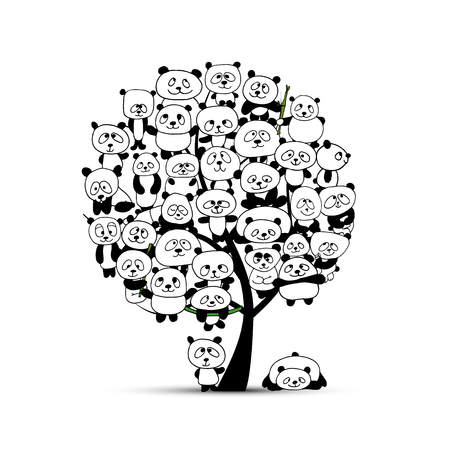 Tree with funny pandas, sketch for your design. Vector illustrationのイラスト素材