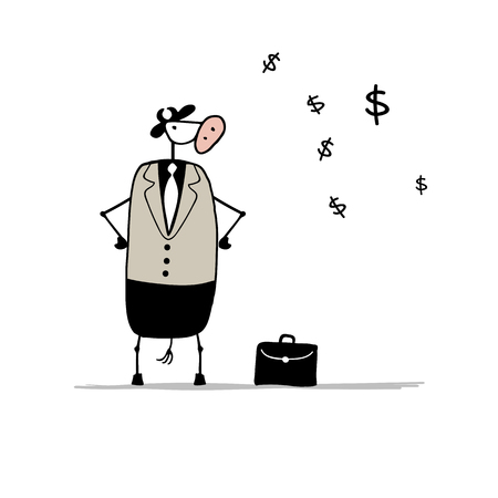 Funny bull businessman with suitcase, sketch. Vector illustrationのイラスト素材