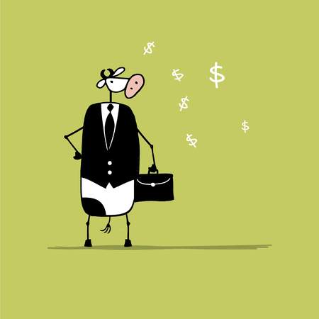 Funny bull businessman with suitcase, sketch. Vector illustrationのイラスト素材