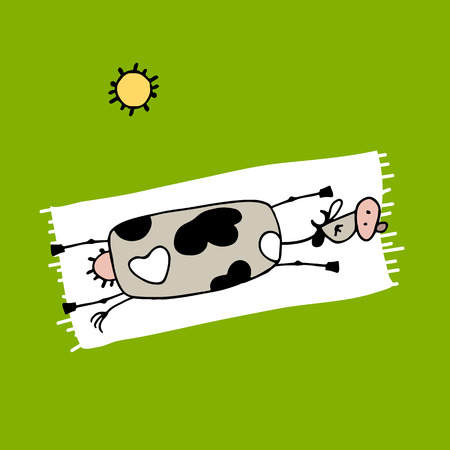 Funny cow on the beach, sketch for your design. Vector illustrationのイラスト素材