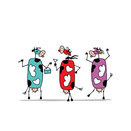 Funny colorful cows on the party, sketch for your design. Vector illustrationのイラスト素材