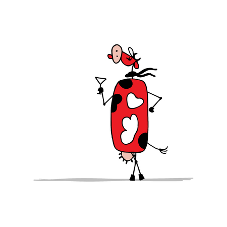 Funny red cow on the party, sketch for your design. Vector illustrationのイラスト素材