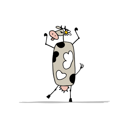 Funny purple cow dancing, sketch for your design. Vector illustrationのイラスト素材