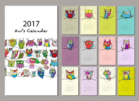 Owls calendar 2017 design. illustrationのイラスト素材
