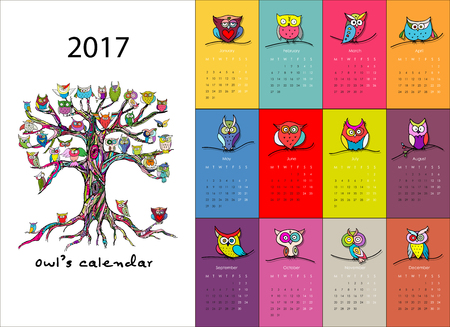 Owls calendar 2017 design.  illustrationのイラスト素材