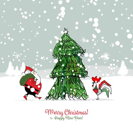 Santa Claus with Rooster, symbol of 2017. Christmas card. illustrationのイラスト素材