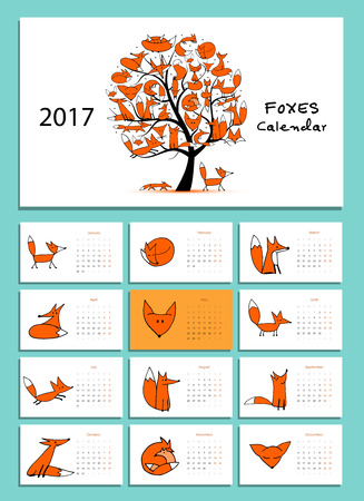 Funny foxes. Design calendar 2017のイラスト素材