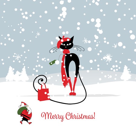 Christmas card with fashion black cat. illustrationのイラスト素材