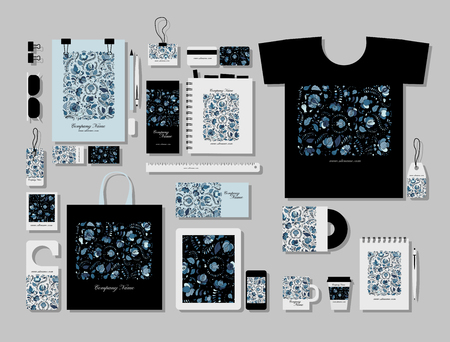 Corporate flat mock-up template, russian gzhel ornamentのイラスト素材