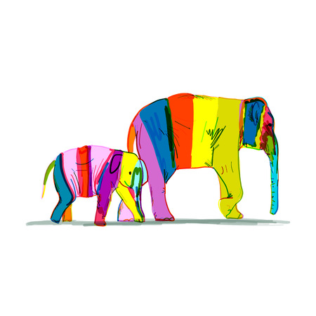 Elephant mother with child, striped sketch for your design.のイラスト素材