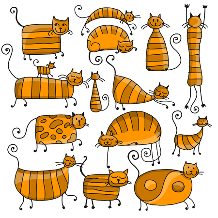 Cute striped cats family, sketch for your designのイラスト素材