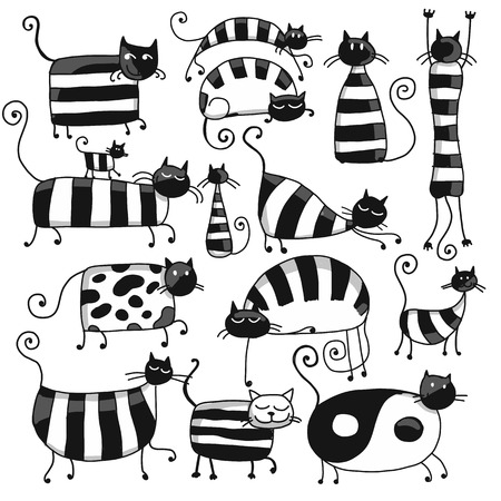 Cute striped cats family, sketch for your design. Vector illustrationのイラスト素材