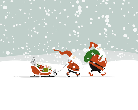 Santa brothers in winter forest. Christmas cardのイラスト素材