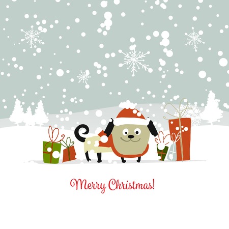 Christmas card, santa dog with gifts. Symbol of 2018 Vector illustration. Christmas card, santa dog with gifts. Symbol of 2018 Vector illustration.