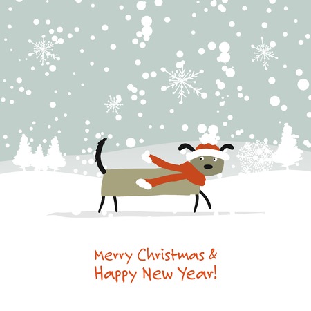 Christmas card, santa dog in forest. Symbol  of 2018 Vector illustration.のイラスト素材