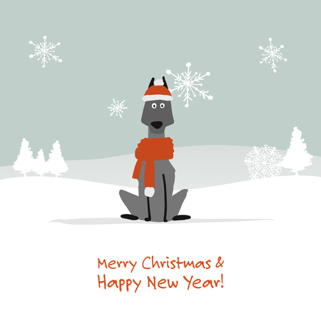 Christmas card, santa dog in forest. Symbol of 2018. Vector illustrationのイラスト素材
