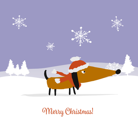 Christmas card, santa dog in forest. Symbol of 2018. Vector illustrationのイラスト素材