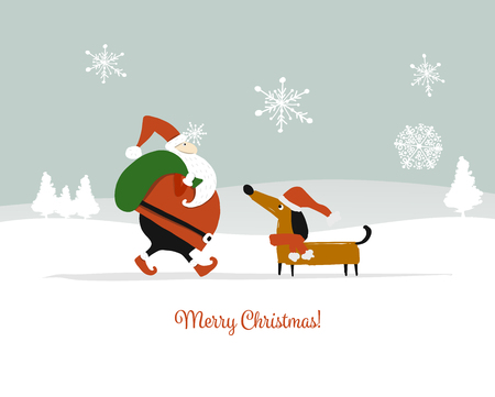 Santa Claus with dog, symbol of 2018. Christmas card. Christmas card. Vector illustrationのイラスト素材