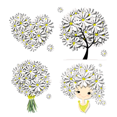 Floral set - tree, girl, heart, frame for your design. Vector illustrationのイラスト素材