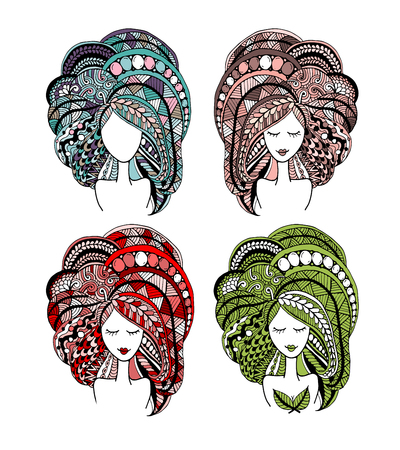 Ornate female portrait, four seasons concept. Vector illustrationのイラスト素材