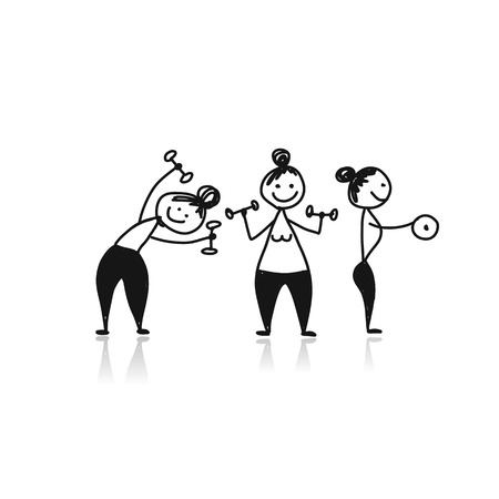 Girls doing sport exercises, sketch for your design.のイラスト素材