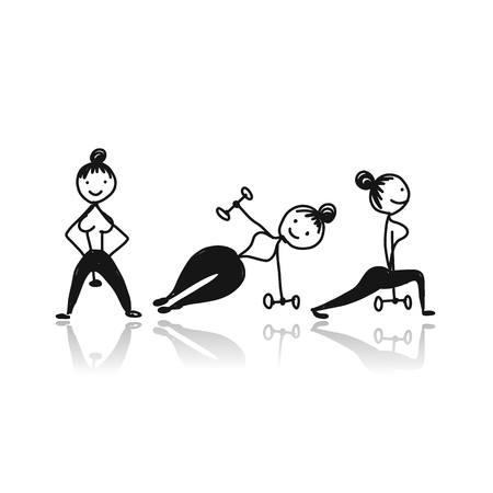 Girls doing sport exercises, sketch for your design.のイラスト素材
