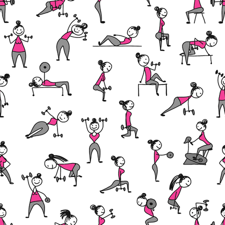 Girls doing sport exercises, seamless pattern for your designのイラスト素材