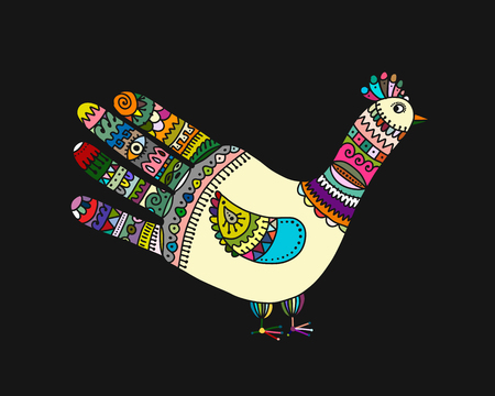 Bird shape made from hand palm and fingers, ornate sketch for your design.のイラスト素材