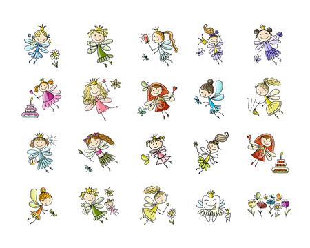 Cute little fairies collection, sketch for your designのイラスト素材