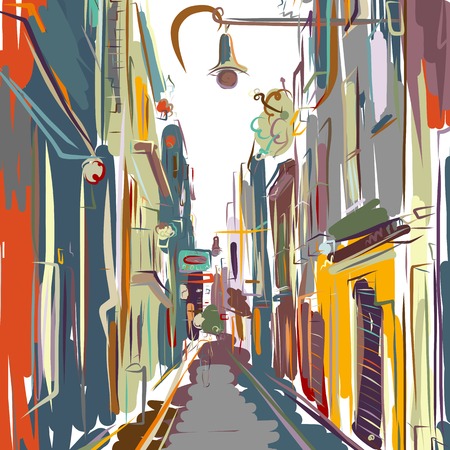 Old european street, sketch for your design. Vector illustrationのイラスト素材