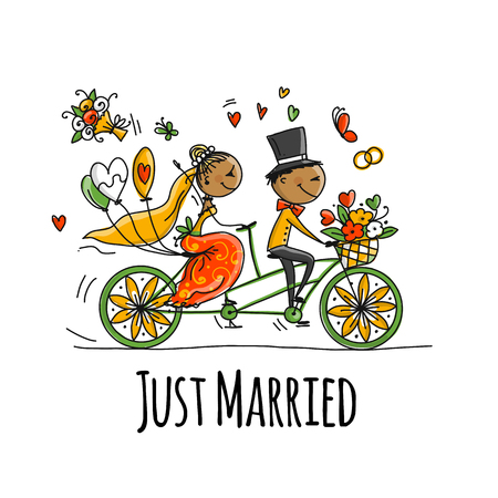 Wedding card design. Bride and groom riding on bicycle. Vector illustrationのイラスト素材