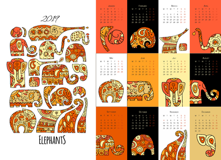 Ornate elephants. Calendar 2019のイラスト素材