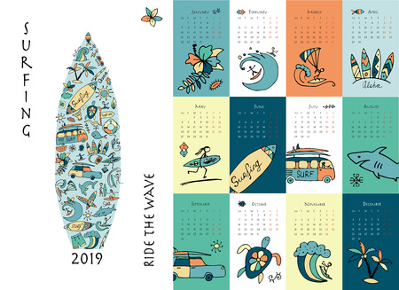Surf school, calendar 2019 designのイラスト素材