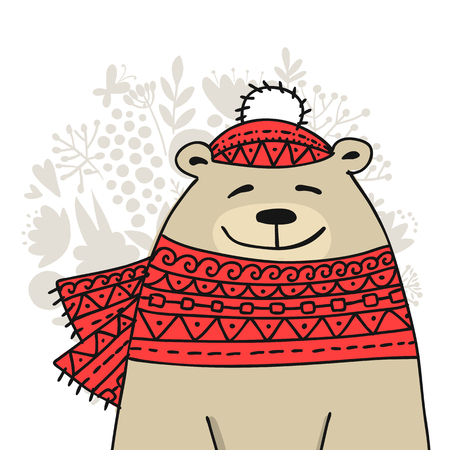 Christmas card with white santa bear. Vector illustrationのイラスト素材