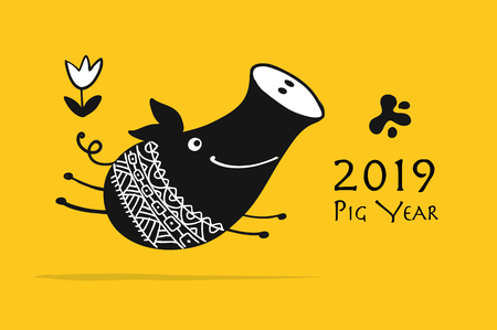 Cute piggy silhouette, symbol of 2019 year for your design. Vector illustrationのイラスト素材
