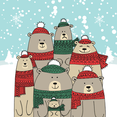 Christmas card with bears family. Vector illustrationのイラスト素材