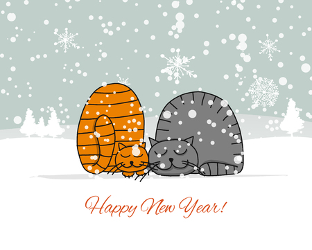 Christmas card design with sleeping cats. Vector illustrationのイラスト素材