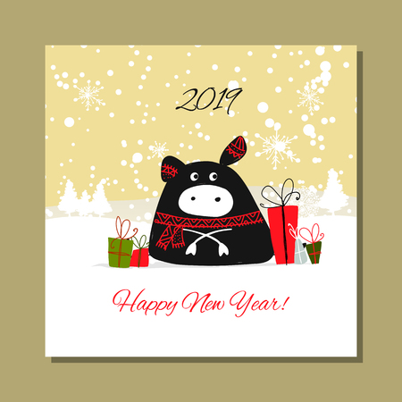 Christmas card, santa pig in forest. Symbol of 2019のイラスト素材